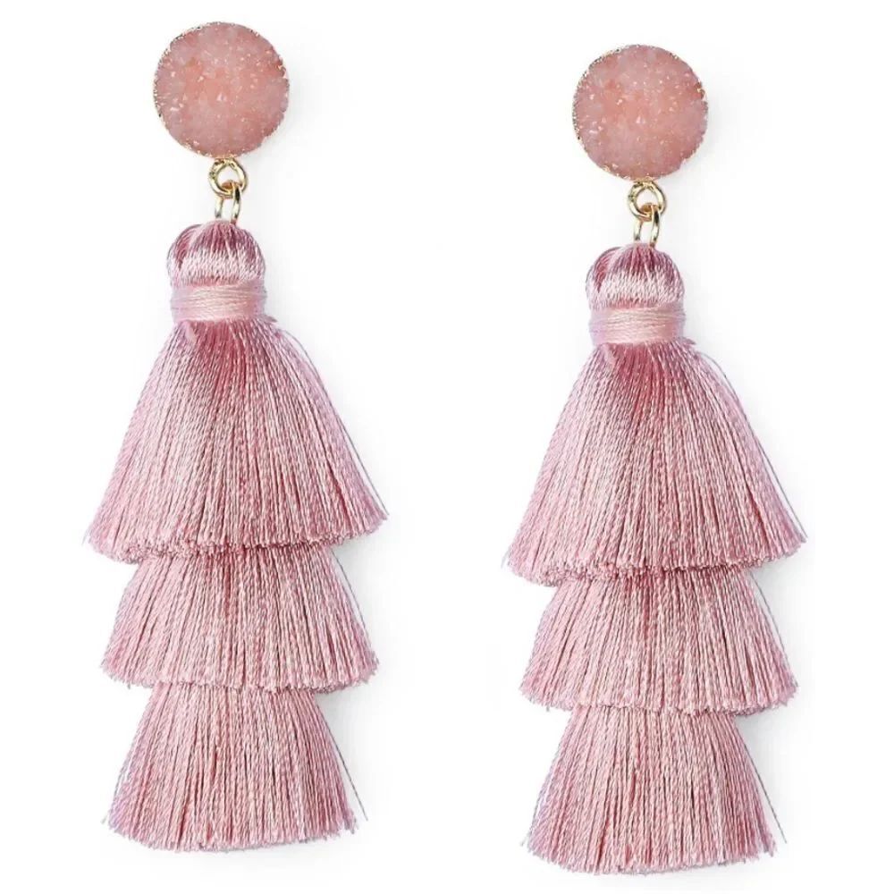 14K Yellow Gold and Blush Pink Silk Thread Tassel and Quartz Druzy Post Earrings